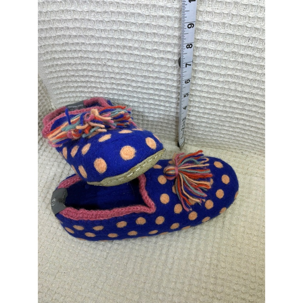 French Knot Polka Dot Wool Slippers Womens M Blue Pink‎ Good Tassel Handmade